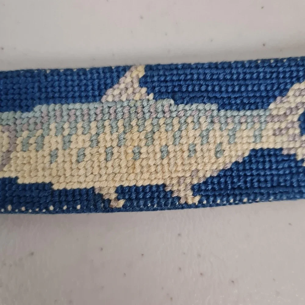 Smathers & Branson Belt Mens 38 Blue Needlepoint Fish Leather Brass Buckle USA
